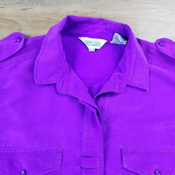 🔹️Vintage Sunny Leigh Fuchsia Silk Buttoned Short Sleeve Top Large - Picture 3 of 13
